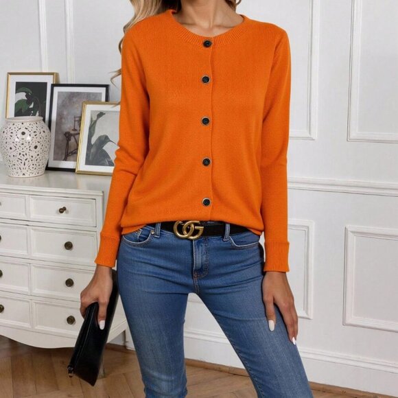 Orange Casual Women's Round Neck Front Button Cardigan - Picture 4 of 6